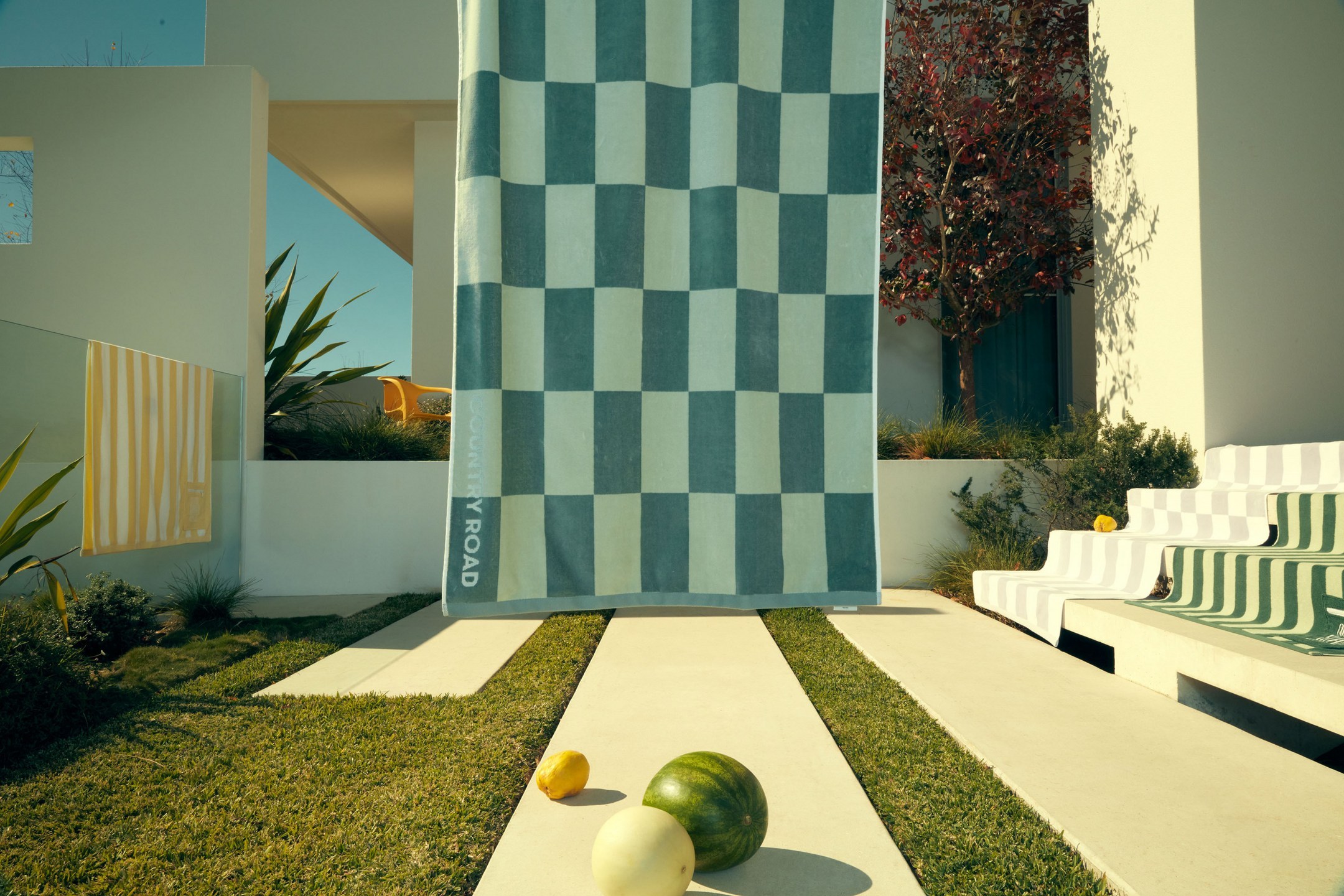 Outdoor scene featuring a checkered beach towel, striped towel, modern architecture, green lawn, melons, and a lemon under natural light.