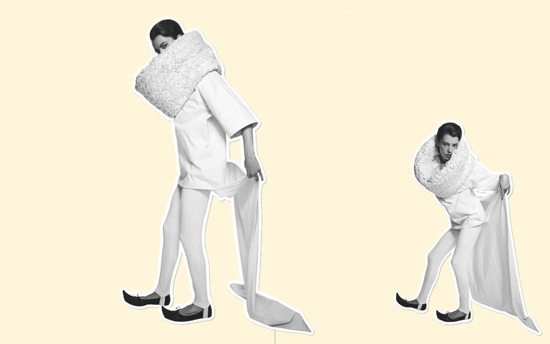 Two models in a collage-style fashion shot wear white outfits with textured collars against a pale yellow background, holding white fabric.