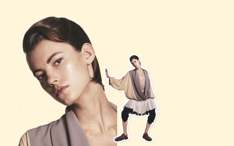 Collage of a woman with short dark hair against a beige backdrop, styled in a flowing outfit with neutral and earth-tone colors.