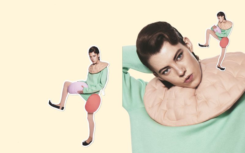 Fashion editorial shot features a collage of a woman with styled hair wearing a green top and quilted collar against a yellow backdrop.