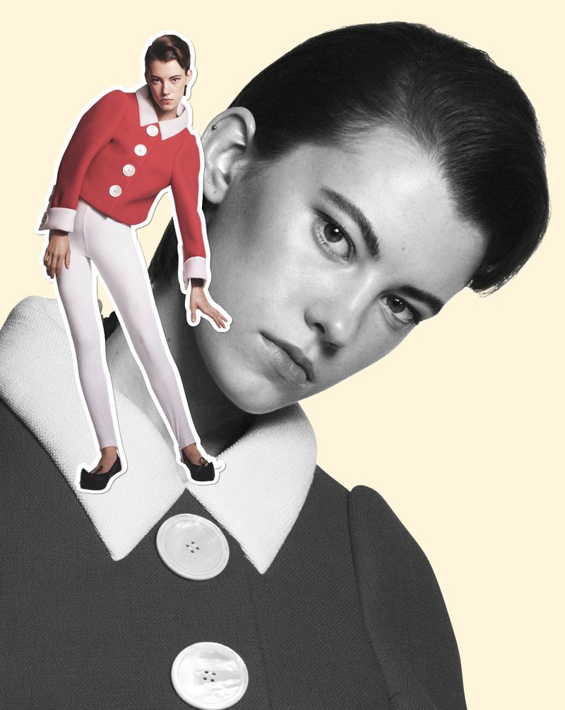 Artistic collage featuring a red and white fashion ensemble with a classic monochrome portrait, set against a light yellow backdrop.