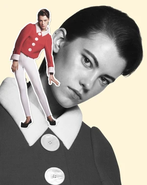 Model in dark coat and red jacket cutout against cream background for Mastermind Magazine