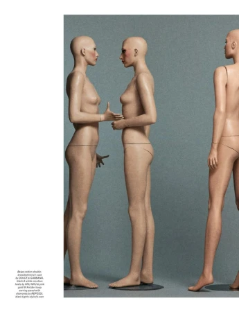 Three tan-skinned mannequin torsos in a neutral studio setting, showcasing smooth texture, minimal styling, and side profile view.