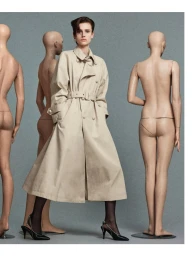Model in a belted beige trench coat standing among several faceless mannequins against a grey studio backdrop.
