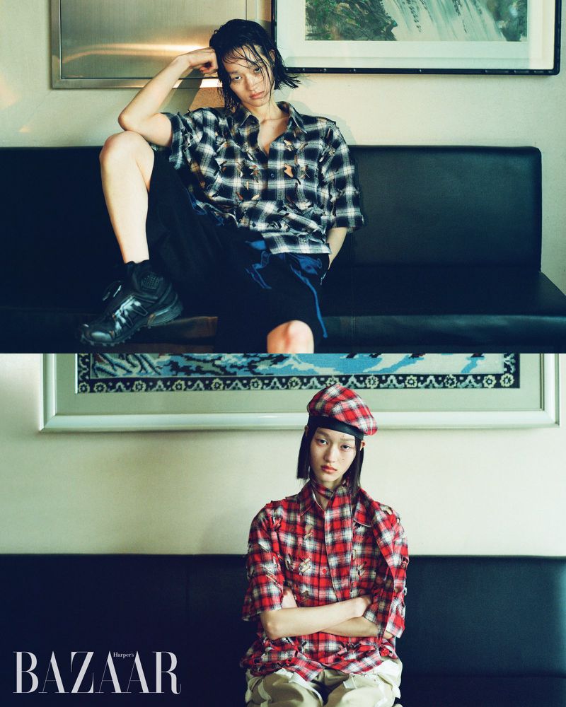 Two split images of a young Asian female model in plaid shirt, shorts, and beret seated against a wall indoors in a fashion editorial.