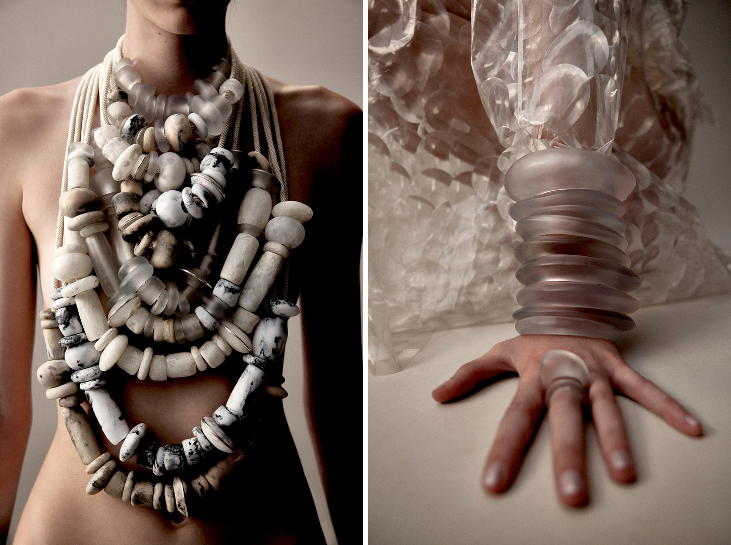 Woman wearing layered bead necklaces and bracelets in a studio fashion shot promoting unique handcrafted jewellery design.