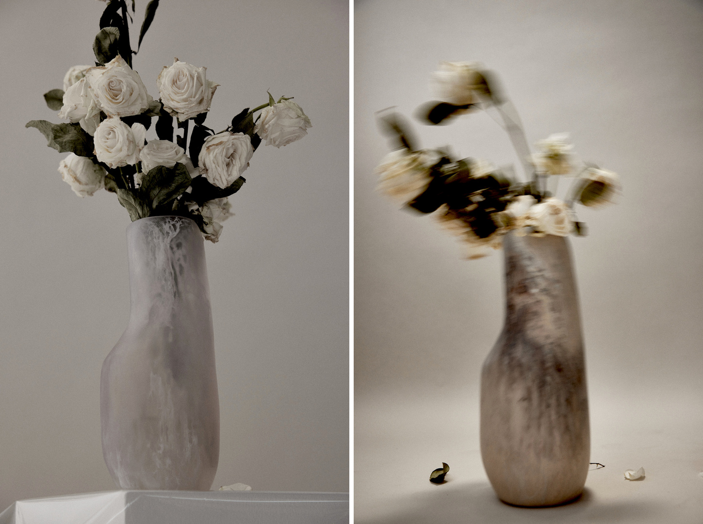 Still life split-screen of white roses in a light purple vase against a white wall in a photo studio, creating a blurred effect.