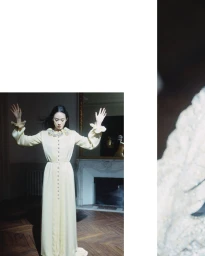 Model Hyunji Shin in a long yellow button-up dress standing indoors with arms raised for Harper's Bazaar Korea.