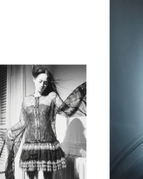 Model Hyunji Shin in a black lace Chanel haute couture dress against a windowed interior for Harper's Bazaar Korea.