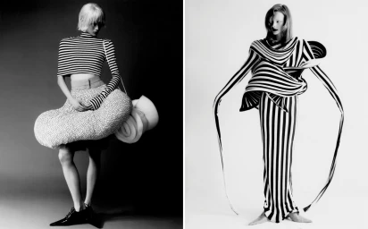Two black and white fashion photographs featuring models wearing avant-garde striped garments against a neutral background.