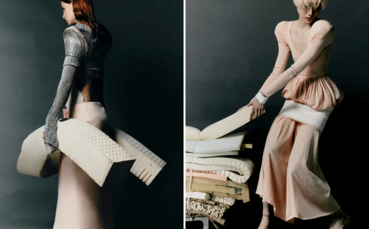 Fashion shot of two women modeling peach-colored dresses, holding stacks of foam in front of a gray studio background.  