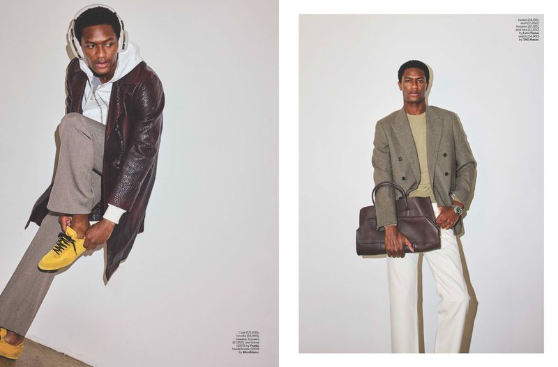 Fashion editorial featuring a Black male model wearing stylish outerwear, sneakers, and headphones in a modern studio setting.