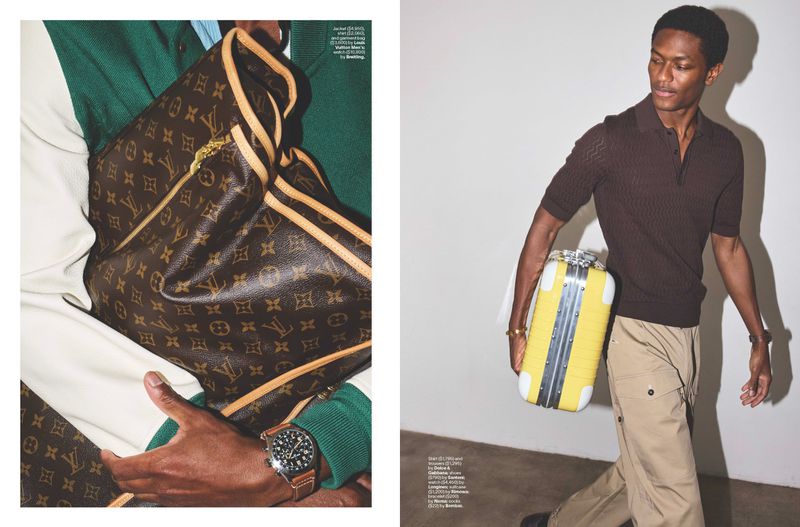 Two fashion shots: a man holding a Louis Vuitton bag in green and white, and another carrying a yellow suitcase, both styled.
