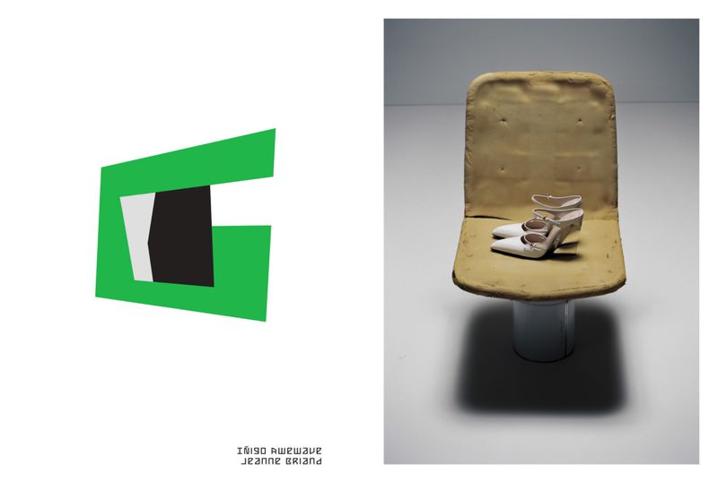 Still life of a tan chair with white shoes on it, set against a bright white background, next to an abstract green logo.