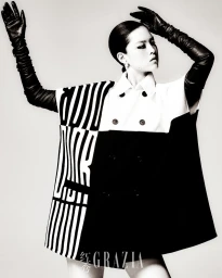 Model in black and white cape wearing long leather gloves against a plain background for Grazia China