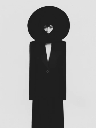 Fashion photography featuring a woman in a striking black outfit with a large, round hat against a minimalist light grey background.