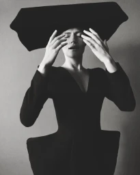 Monochrome fashion editorial portrait of a woman in a black structured dress with a large hat, hands near face.