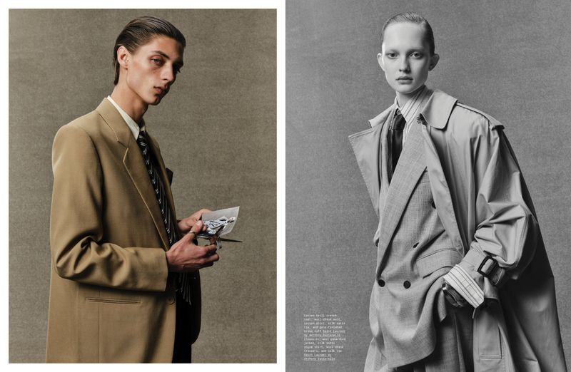 Two fashion models posing against a textured grey background in a diptych format for Manifesto Magazine.