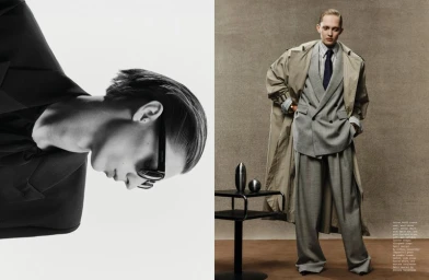 Two-panel fashion layout featuring a close-up profile portrait and a full-length model in a tailored grey suit and trench coat.