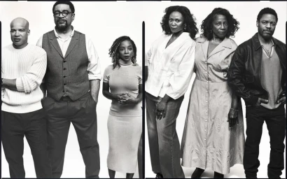 Monochrome studio portrait of six Black individuals posing against a plain background for American Vogue.