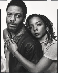 Black and white portrait of a black man and woman embracing closely against a seamless white background.