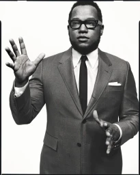 Portrait of a Black man in a tailored grey suit and thick black glasses gesturing with his hands against a white backdrop.