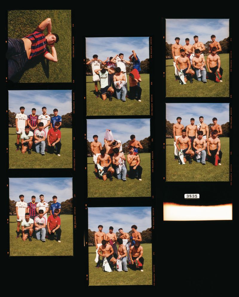 Film contact sheet featuring a man lying in grass, and several soccer teams posing on a grassy field under a sunny sky.