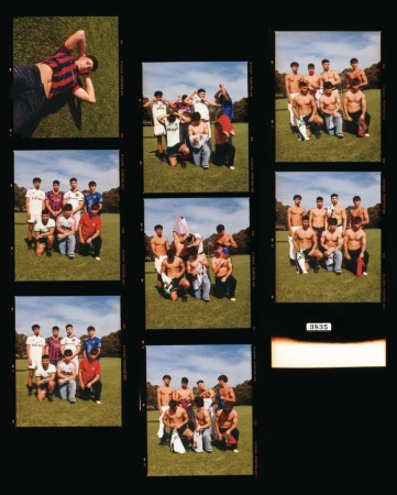 Film contact sheet featuring a man lying in grass, and several soccer teams posing on a grassy field under a sunny sky.