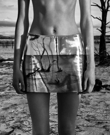 Monochrome close-up of a slender female torso and legs, wearing a metallic skirt with a nature scene reflection, standing on a beach.