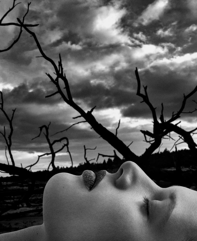 Black and white portrait of a woman lying down with bare tree branches silhouetted against a cloudy sky providing a dramatic backdrop.