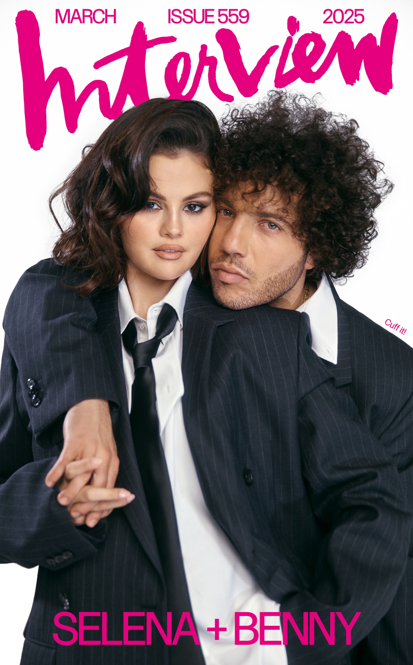 Magazine cover featuring Selena Gomez and Benny Blanco in matching suits, posing intimately with bright pink 'Interview' masthead.
