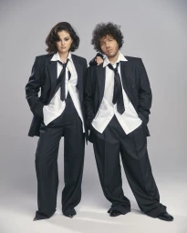 Selena Gomez and Benny Blanco wearing matching oversized black suits and white shirts for Interview Magazine by Roe Ethridge
