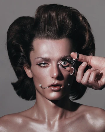 Close-up studio portrait of a fair-skinned adult woman with dark hair, elaborate makeup and pearl accessories, captured in studio lighting.