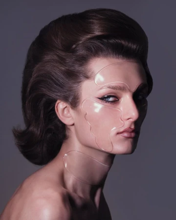 Close-up portrait of a woman with voluminous dark hair and glossy facial patches against a grey studio backdrop.
