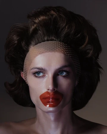 Close-up portrait of a model with voluminous dark hair, a textured wig cap, and glossy red lips against a neutral dark studio background.