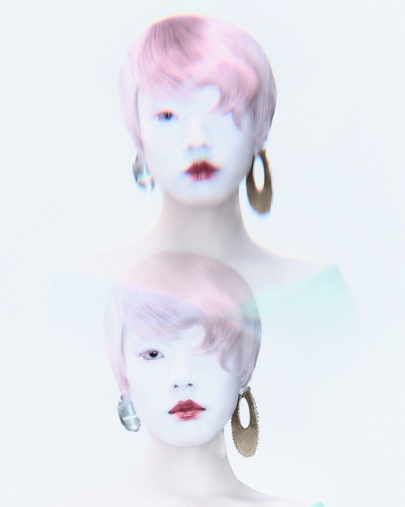 Digital portrait of an androgynous person with pink hair and silver and gold hoop earrings with a translucent double exposure effect.