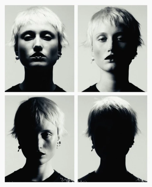 Four headshot portraits of a blonde-haired woman with pale skin and dark lipstick are arranged in a grid against a neutral background.