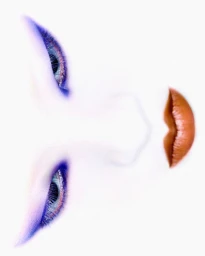Extreme close-up macro beauty shot of eyes with blue eyeshadow and warm lips against a bright white seamless background.