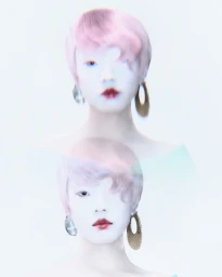 Portrait of a model with pink hair and gold hoop earrings against a white background featuring double exposure effects.