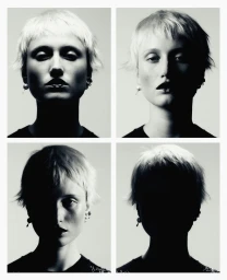 Four-panel black and white portrait of a woman with short blonde hair featuring dramatic chiaroscuro lighting against a neutral background.