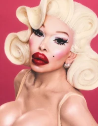Close-up portrait of Amanda Lepore with voluminous platinum blonde vintage hairstyle and bright red lips against a pink background