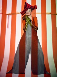 Model wearing wide-leg striped jumpsuit, yellow-and-black striped gloves, and geometric hat against a red-and-white striped backdrop