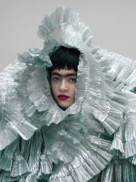 Model wearing an oversized metallic pleated ruffled hood framing her face against a plain light background