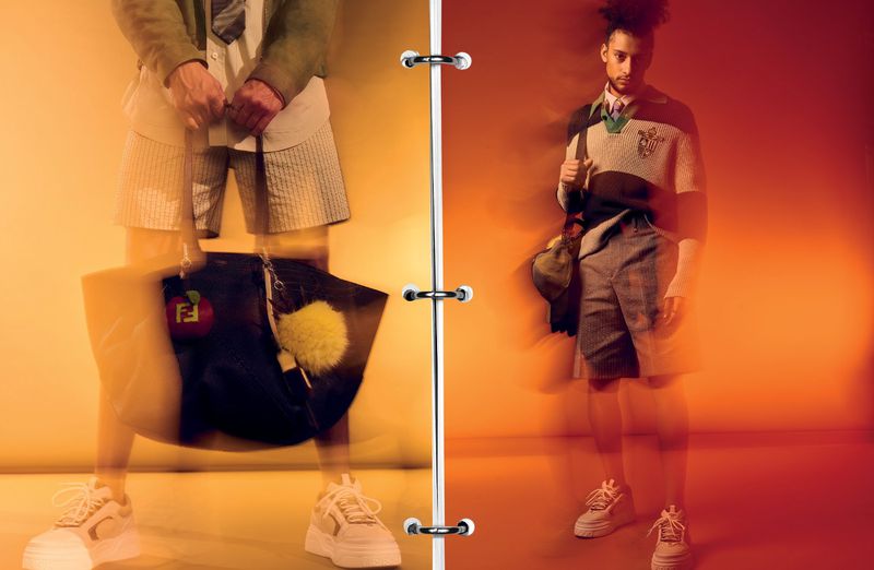 Two split images of young adult men in fashionable, preppy outfits with shorts and sneakers, holding bags in a studio setting.