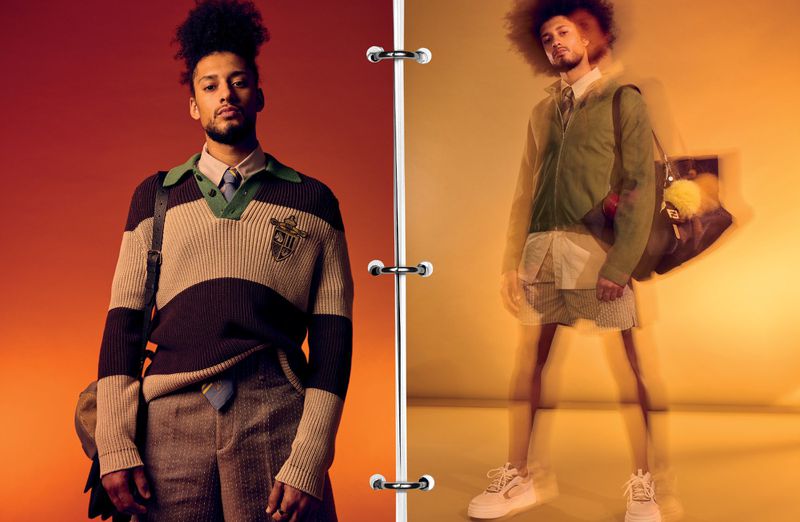 Two-panel studio shot: Male fashion model in preppy sweaters, collared shirts, ties, khaki shorts, bomber jacket, white sneakers, and shoulder bag.