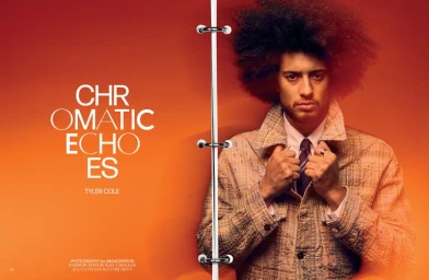 Editorial layout for At Large Magazine featuring Tyler Cole wearing a plaid jacket against an orange background