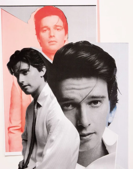 Collage of a young man, artfully layered with red and black and white tones, creating a visually striking and stylish artistic effect.