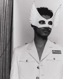 Man wearing a white winged mask and a white buttoned jacket against a plain background