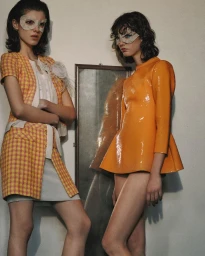 Two female models wearing eye masks and stylish apparel standing indoors next to a framed mirror for a fashion editorial.