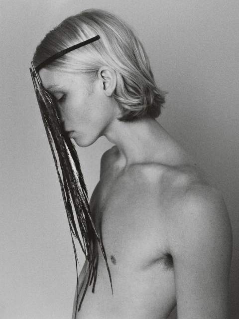 Artistic portrait of a bare-chested young adult male with blond hair, a black headband, and face partially obscured by black feathers.